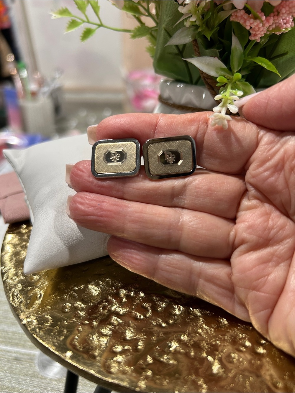7070. Vintage Dior two-tone cufflinks with engraved Dior hallmark.